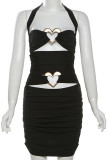 Black Sexy Solid Color Hollow Out Patchwork Backless Heart-shaped Halter Wrapped Skirt Dresses