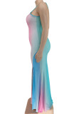 Gradient Color Sexy Gradient Color Patchwork Backless High Slit Spaghetti Strap Sling Plus Size Dresses