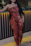 Burgundy Sexy Print Patchwork Backless Oblique Collar Skinny Jumpsuits