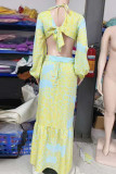Yellow Sexy Print Hollow Out Patchwork Backless High Slit Strap Design Deep V Neck Long Dresses
