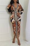 Black Apricot Casual Print Patchwork Slit V Neck Long Dresses