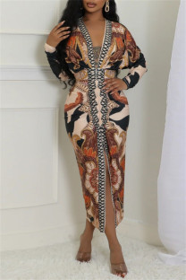 Black Apricot Casual Print Patchwork Slit V Neck Long Dresses