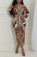 Black Apricot Casual Print Patchwork Slit V Neck Long Dresses