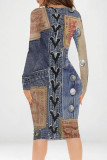 Multicolor Casual Street Faux Denim Print Contrast V Neck Printed Dresses