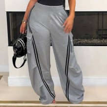 Grey Casual Stripe Pocket Patchwork Contrast Loose Mid Waist Wide Leg Patchwork Bottoms