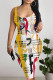 Yellow White Sexy Letter Print Contrast U Neck Printed Dresses