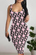 Pink Sexy Letter Print Contrast U Neck Printed Dresses