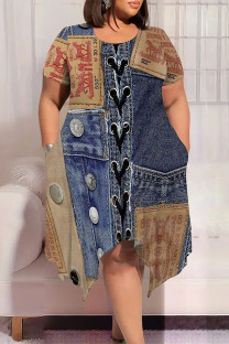 Dark Blue Casual Street Faux Denim Print Pocket Irregular Contrast O Neck Printed Plus Size Dresses