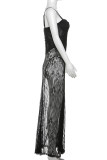 Black Sexy Solid Color Patchwork See-Through Backless Spaghetti Strap Sling Dresses