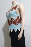 Multicolor Street Print Patchwork Contrast V Neck Tops
