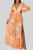 Yellow Sexy Print Hollow Out Patchwork Backless High Slit Strap Design Deep V Neck Long Dresses