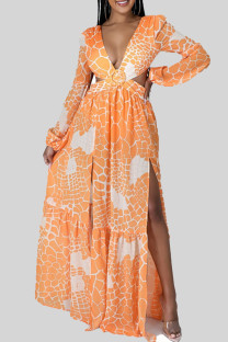 Tangerine Sexy Print Hollow Out Patchwork Backless High Slit Strap Design Deep V Neck Long Dresses