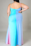 Gradient Color Sexy Gradient Color Patchwork Backless High Slit Spaghetti Strap Sling Plus Size Dresses