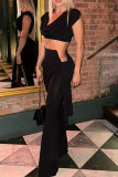 Black Sexy Solid Color Hollow Out Patchwork Ruched V Neck Two Pieces