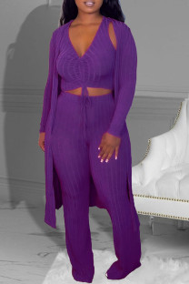 Purple Casual Solid Color Draw String Patchwork V Neck Long Sleeve Three Pieces