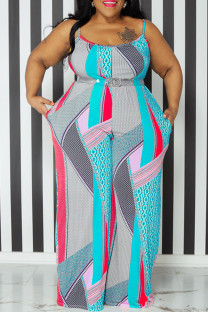 Red Casual Print Pocket Patchwork Spaghetti Strap Plus Size Jumpsuits