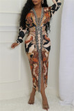 Black Apricot Casual Print Patchwork Slit V Neck Long Dresses