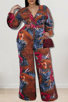 Coffee Casual Print Patchwork V Neck Plus Size Jumpsuits