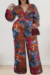 Coffee Casual Print Patchwork V Neck Plus Size Jumpsuits