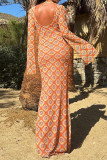 Orange Elegant Print Patchwork Backless O Neck Long Dresses