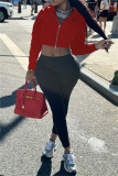 Red Casual Solid Color Zipper Hooded Outerwear