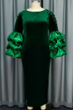 Green Elegant Solid Color Patchwork Slit Beading Zipper O Neck Evening Dresses