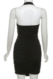 Black Sexy Solid Color Hollow Out Patchwork Backless Heart-shaped Halter Wrapped Skirt Dresses