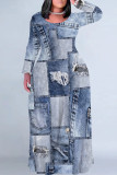 Baby Blue Casual Street Faux Denim Print Pocket Contrast O Neck Printed Plus Size Dresses