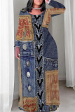 Baby Blue Casual Street Faux Denim Print Pocket Contrast O Neck Printed Plus Size Dresses