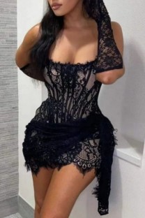 Black Sexy Solid Color Backless Strapless Wrapped Skirt Dresses