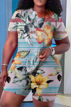Stripe Casual Floral Print Basic O Neck Short Sleeve Two Pieces