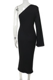 Black Elegant Patchwork Backless Strap Design Contrast Oblique Collar Long Dresses