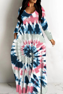 Tibetan Blue Casual Tie Dye Print Basic V Neck Long Dresses