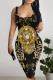 Black Sexy Street Letters Chain print Contrast U Neck Printed Dresses