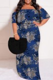 Turquoise Casual Print Patchwork Off Shoulder Long Plus Size Dresses