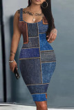 Dark Blue Print Basic U Neck Vest Dresses