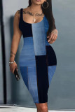 Dark Blue Print Basic U Neck Vest Dresses