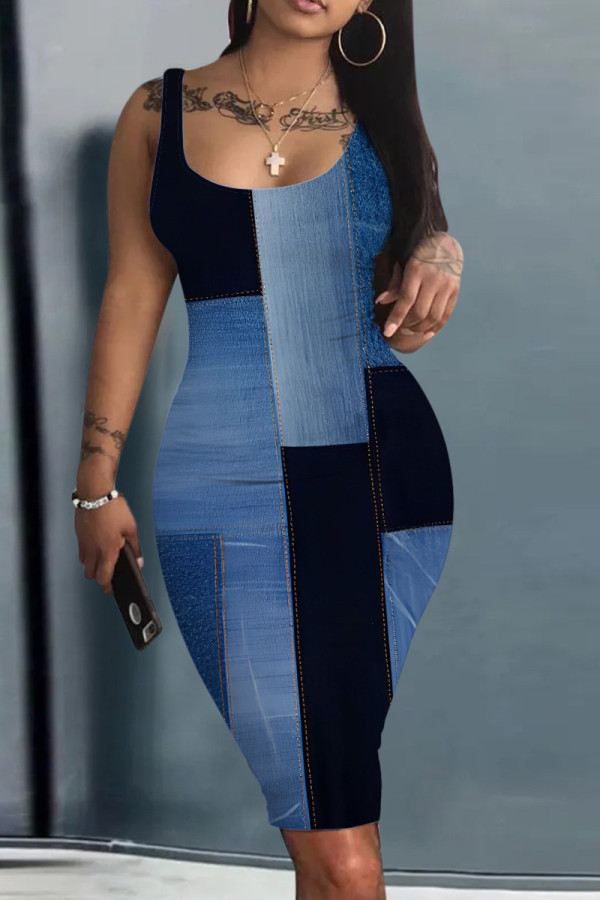 Blue Print Basic U Neck Vest Dresses