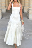 Cream White Street Solid Color Patchwork Square Neck Long Dresses