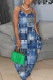 Blue Casual Print Backless Spaghetti Strap Long Dresses
