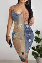 Multicolor Sexy Street Faux Denim Print Contrast U Neck Printed Dresses