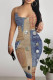 Multicolor Sexy Street Faux Denim Print Contrast U Neck Printed Dresses