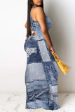 Multicolor Casual Street Faux Denim Print Contrast O Neck Printed Dresses