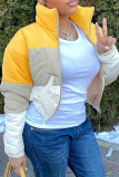 Yellow Casual Colorblock Pocket Patchwork Zipper Zipper Collar Outerwear