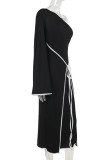 Black Elegant Patchwork Backless Strap Design Contrast Oblique Collar Long Dresses