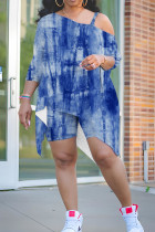 Blue Casual Print Irregular Oblique Collar Plus Size Two Pieces