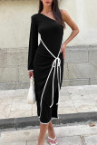 Black Elegant Patchwork Backless Strap Design Contrast Oblique Collar Long Dresses