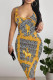 Gold Sexy Street Letters Chain print Contrast U Neck Printed Dresses