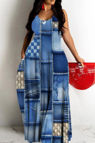 Light Blue Casual Print Backless Spaghetti Strap Long Dresses