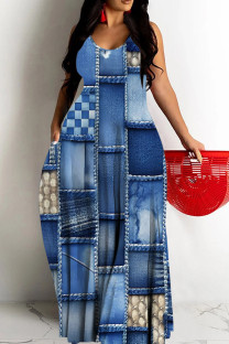 Light Blue Casual Print Backless Spaghetti Strap Long Dresses